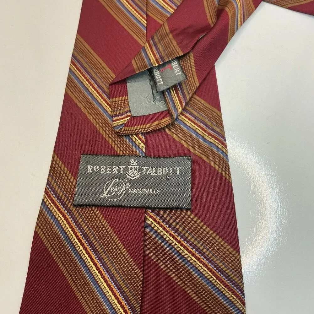 Robert Talbott Levy’s Nashville Men’s Silk Tie Red Gold Blue Stripe Hand Sewn US